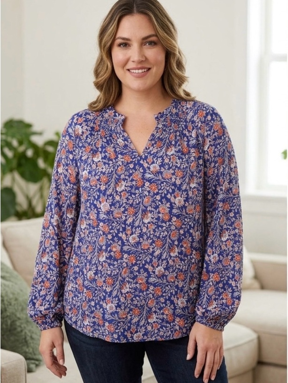 Grace Blue Floral Notch-Neck Blouse with Orange Floral Detail